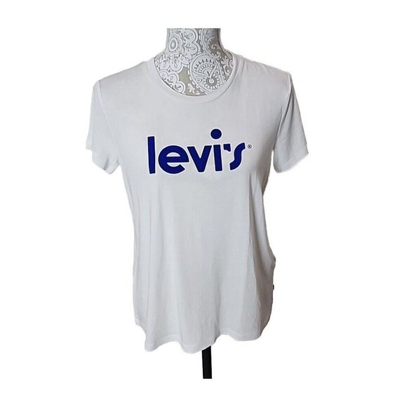 Levi's White Short Sleeve Spell Out Logo T-shirt Top Women's Medium - Picture 1 of 9
